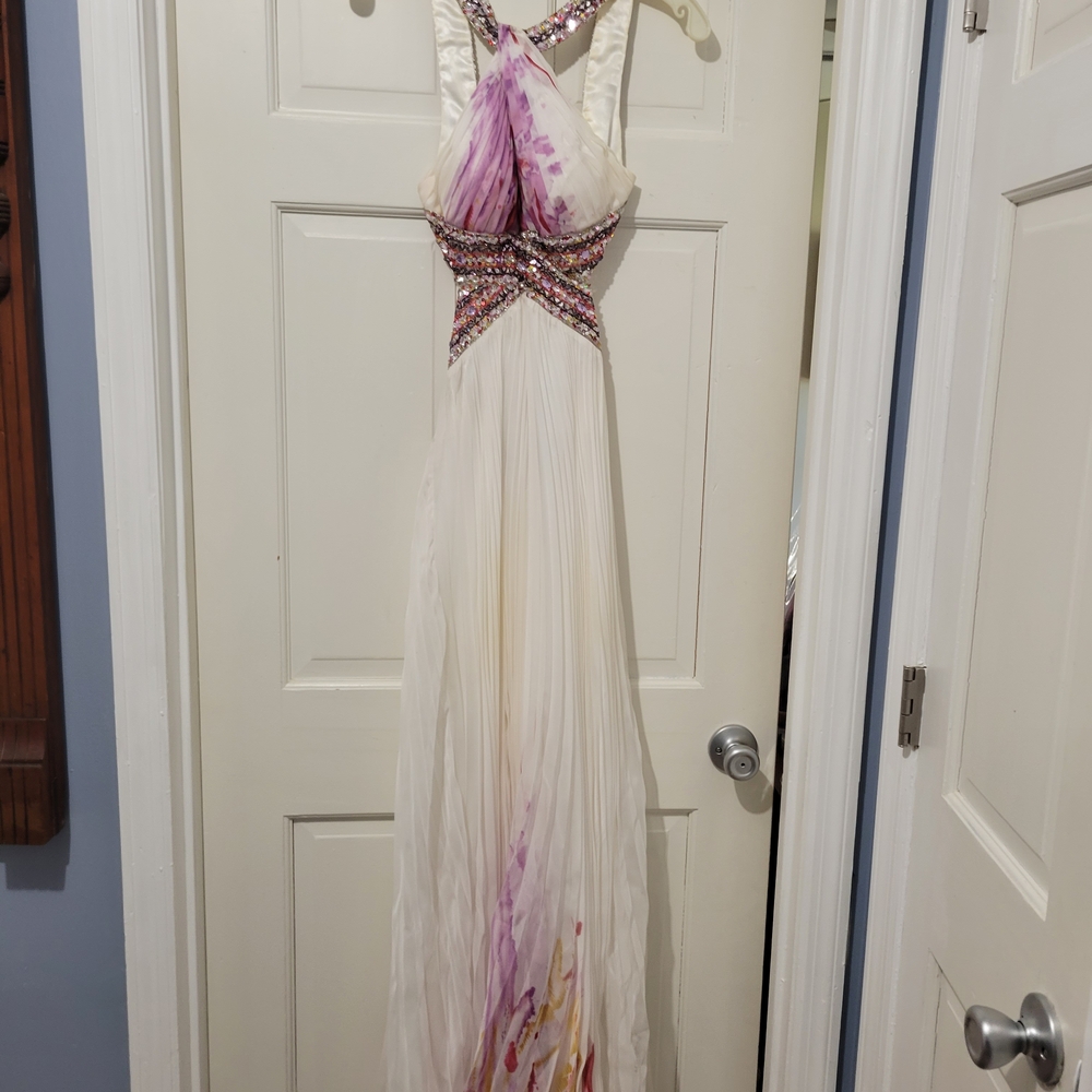 David's Bridal Cream Gown with Purple and Gold Beading